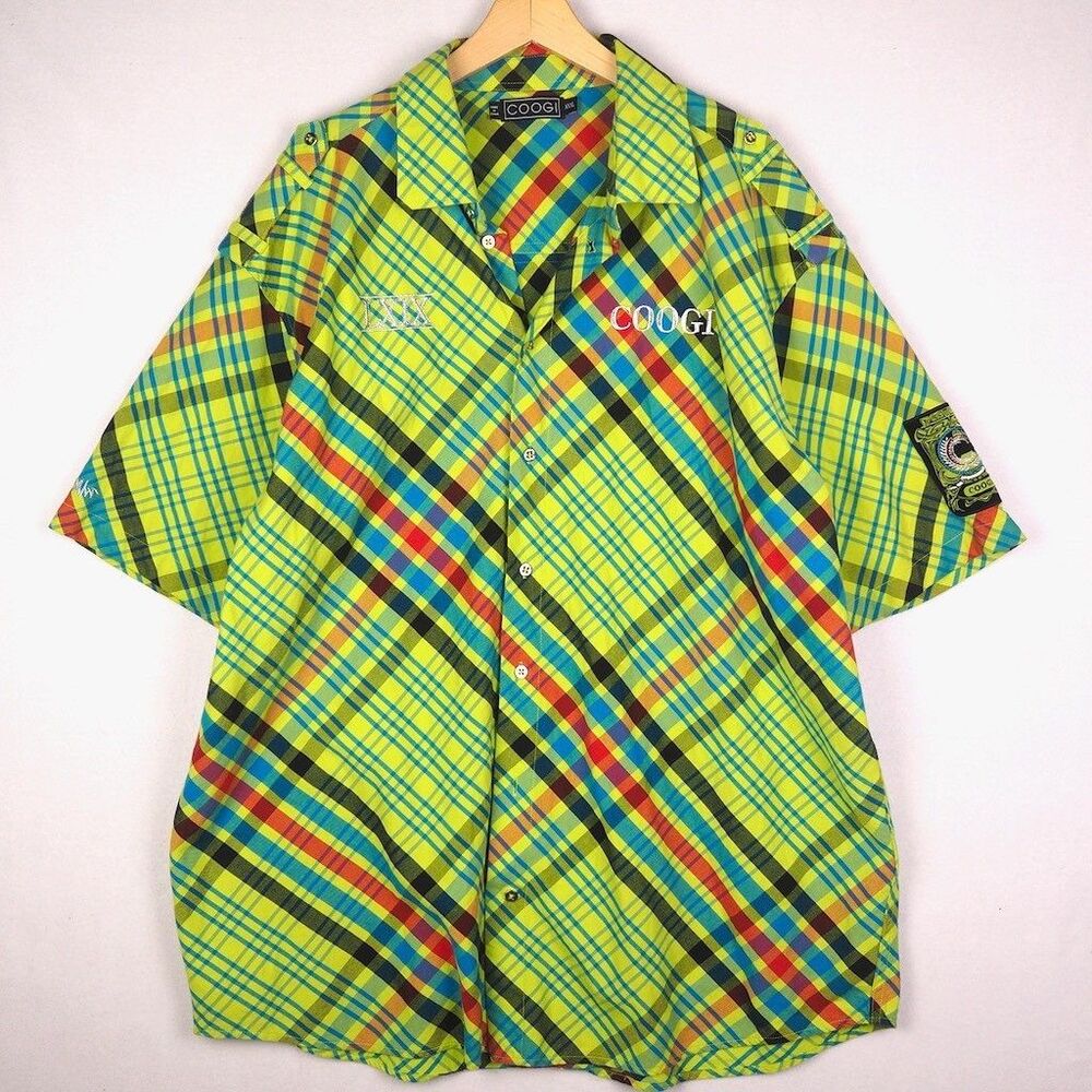 Vintage COOGI Neon Green Plaid Shirt Metal Buttons Mens 3XL Short Sleeve Logo
